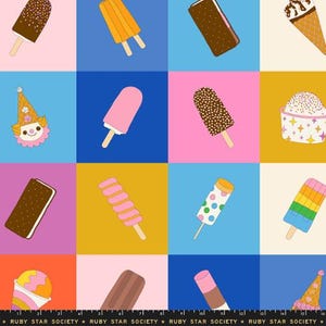 May include: A colorful pattern featuring various ice cream treats and a clown. The design includes popsicles, ice cream sandwiches, and cones in a grid layout. The background squares are in shades of pink, blue, yellow, and cream.