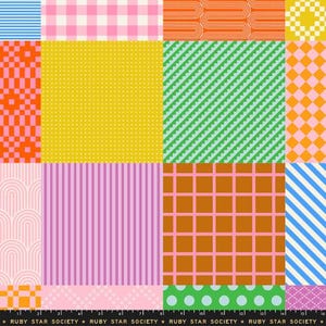May include: A colorful patchwork fabric design featuring various geometric patterns. Squares include stripes, dots, zigzags, and checks in shades of pink, orange, yellow, green, and blue. The fabric is labeled "RUBY STAR SOCIETY" along the bottom.