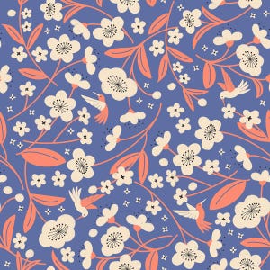 May include: A seamless pattern featuring white flowers with black centers, coral-colored leaves and hummingbirds, and small white flowers on a periwinkle blue background. The design is a repeating floral pattern.
