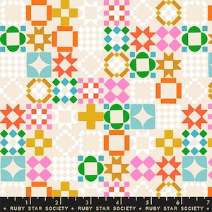 May include: A colorful fabric pattern featuring geometric shapes in orange, green, pink, blue, and yellow on a cream background. The design includes squares, crosses, and star-like figures. The text "RUBY STAR SOCIETY" is at the bottom.