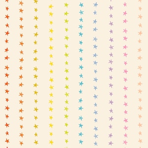 May include: A light cream-colored background featuring vertical rows of small, hand-drawn style stars arranged in a spectrum of colors including red, orange, yellow, lime green, light blue, lavender, and pink, repeating across the surface.