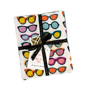 May include: A bundle of fabric squares featuring a repeating pattern of colorful sunglasses in various styles and colors, including orange, yellow, pink, and blue. The fabric is tied with a black ribbon and a tag that reads "OLSI too".