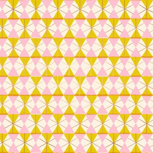 May include: A repeating pattern of geometric shapes in shades of pink, yellow, and off-white. The design features diamond shapes with hourglass-like elements, creating a visually appealing and symmetrical pattern. The color palette is soft and inviting.