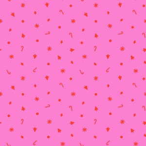 May include: A repeating pattern of red shapes on a pink background. The shapes include snowflakes, arrows, diamonds, dots, and candy canes. The design is evenly spaced and covers the entire surface.