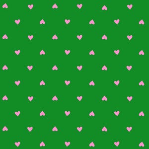 May include: A repeating pattern of small, pink hearts evenly spaced on a vibrant green background. The hearts are simple in design, creating a cheerful and playful aesthetic. This design is suitable for various applications, such as fabric or wallpaper.