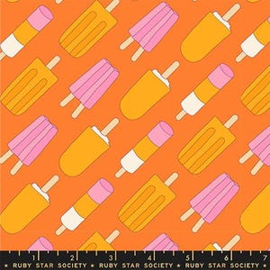 May include: Orange fabric with a repeating pattern of retro-style popsicles in shades of pink, yellow, and white. Each popsicle has a wooden stick. The fabric is from Ruby Star Society.