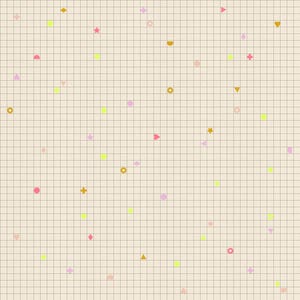 May include: A beige background with a grid pattern, scattered with various geometric shapes in pink, yellow, and gold. Shapes include circles, squares, stars, and triangles, creating a playful and abstract design.