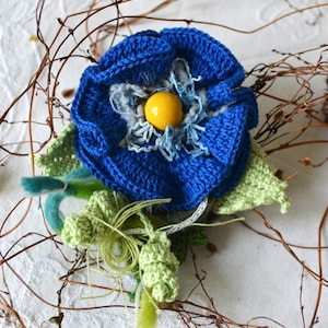 Ukrainian Crocheted flower brooch pattern How to crochet flower Step by step Crocheting tutorial Blue flower decor PDF Crochet pattern