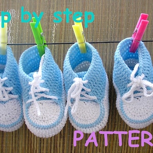 Crocheted baby boots pattern Crochet light blue white shoes Step by step Cotton booties PDF crochet pattern Newborn shoes Instant download