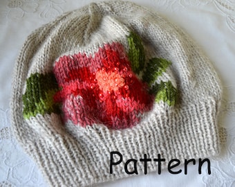 Strickmütze rose Muster Beige Strickmütze für Frau Strickmütze mit Blumen-Stickerei Tutorial Slouchy Beanie Muster Rot rosa Rose
