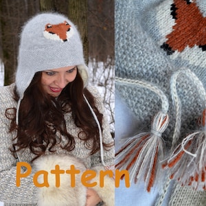 Knit fox hat pattern Knitted earflap gray hat for woman Trapper hat with embroidery fox PDF E-pattern