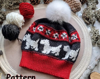 Strickmütze mit Hundemuster |  Deutsch | Jacquard Mützen-Tutorial mit Terrier | Slouchy Beanie mit E-Muster | Schottischer Druck