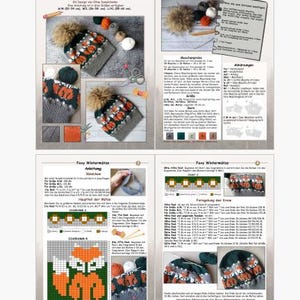 K&ouml;nnte beinhalten: Eine vierseitige Strickanleitung mit dem Titel "Foxy Winterm&uuml;tze" mit Bildern einer gestrickten M&uuml;tze mit Fuchsmotiv. Die M&uuml;tze ist grau, orange und gr&uuml;n mit einem braunen Bommel. Die Anleitung enth&auml;lt Anweisungen und Farbtabellen.