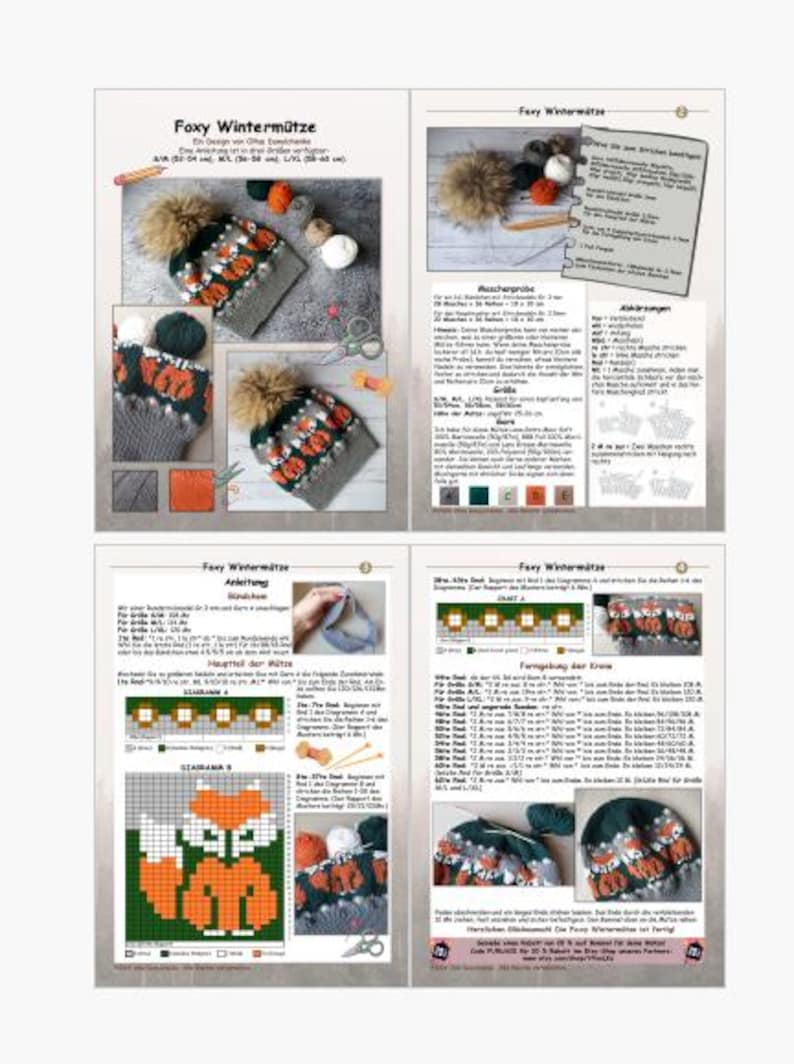 K&ouml;nnte beinhalten: Eine vierseitige Strickanleitung mit dem Titel "Foxy Winterm&uuml;tze" mit Bildern einer gestrickten M&uuml;tze mit Fuchsmotiv. Die M&uuml;tze ist grau, orange und gr&uuml;n mit einem braunen Bommel. Die Anleitung enth&auml;lt Anweisungen und Farbtabellen.
