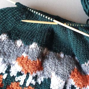 K&ouml;nnte beinhalten: Ein teilweise fertiggestellter Strickpullover in Gr&uuml;n-, Grau-, Wei&szlig;- und Oranget&ouml;nen. Der Pullover hat ein geometrisches Muster und ist in Arbeit, mit h&ouml;lzernen Stricknadeln und einem Kn&auml;uel Garn sichtbar.