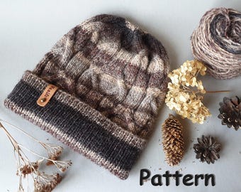 Strickmuster mit Zopfmuster – Rustikale grau-braune Slouchy Mütze Anleitung | PDF E-Pattern für Frauen