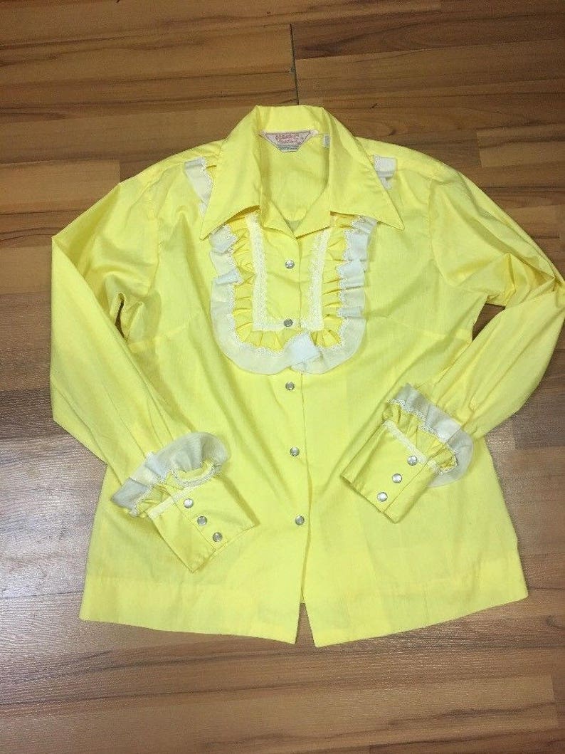 Woman/'s Western Shirt Retro Hipster Rockabilly 1960-70 Vintage Blouse Ruffles Lace Vintage Western size 38 Horse Wear Hick H Bar C