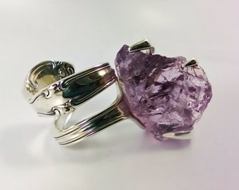 Silver Cocktail Fork Cocktail Ring, with a Raw Amethyst Gemstone