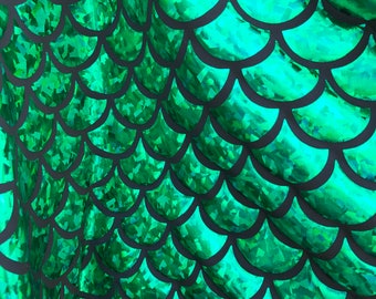 Green Jumbo Foil Hologram Mermaid Fish Scales on Spandex Fabric sold by Yard