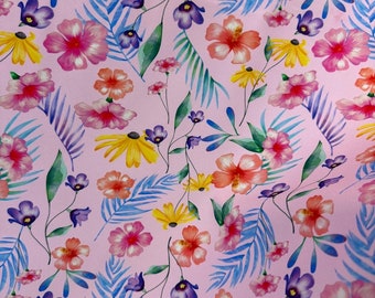 New Floral tropical on Pink Spandex fabric 4 way stretch 60” wide. Sold by yard. Ships worldwide from Los  Angeles CA