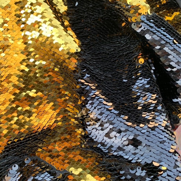 Black/Gold  NewTwo Tone Flip up sequins/Reversible Sequins Fabric by the yard