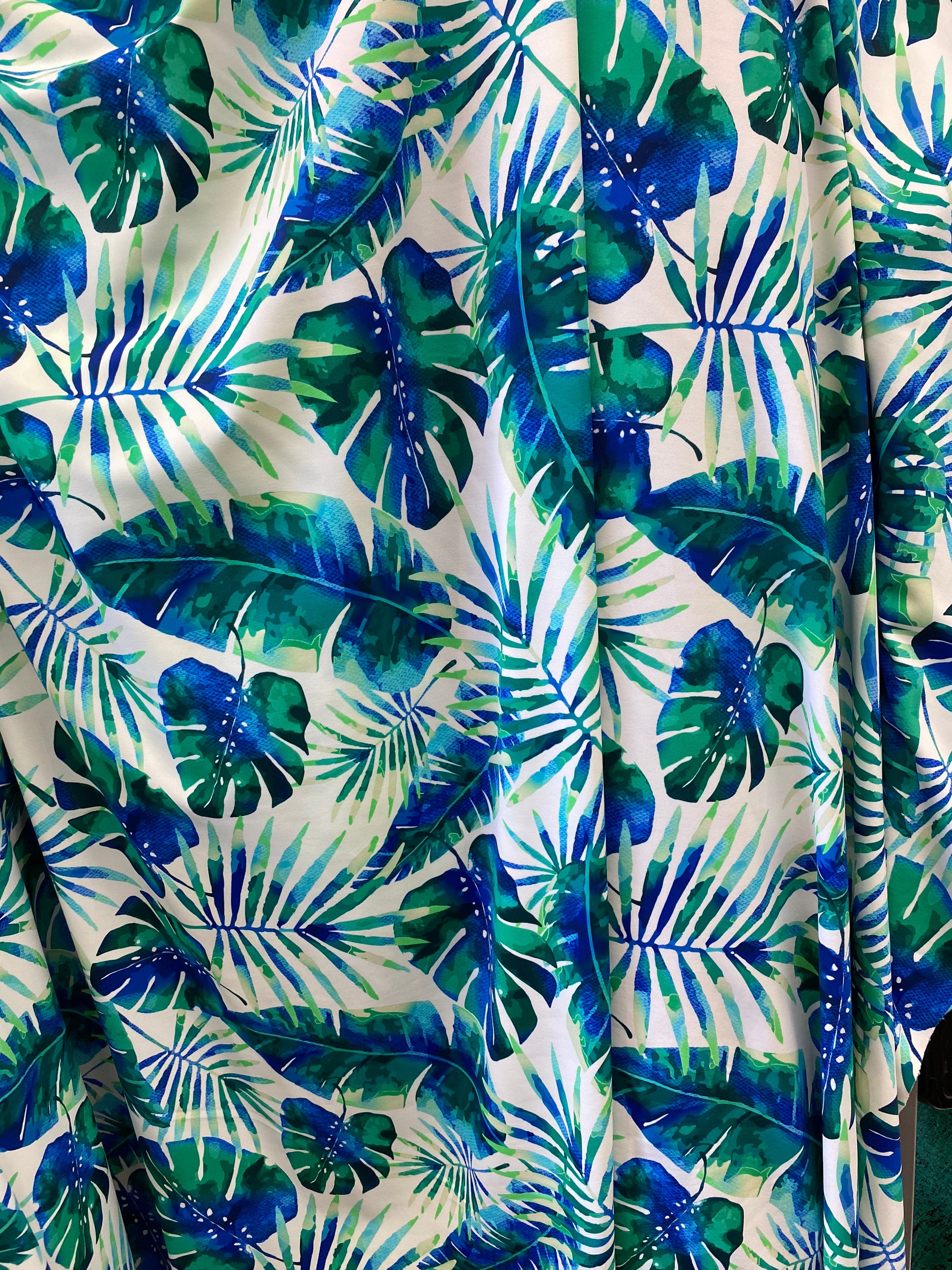 Tropical Blue/green Leaves Print on 4 Way Stretch Nylon - Etsy