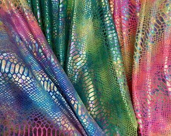 New Tie Dye  Iridescent Metallic Foil Snake Dragon Print On 4 way stretch Fabric Sold by Yard- Avatar- spandex fabric