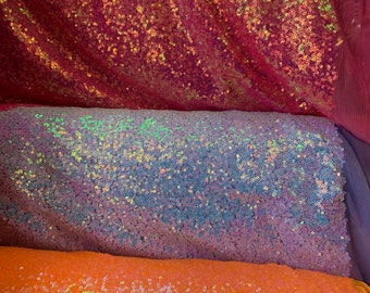 New Iridescent- Aqua/orange/lilac/hot pink iridescent 2mm Mini Sequins on High Quality Stretch Mesh Fabric Sold By the Yard