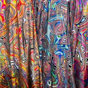 Psychedelic Swirls Nylon Spandex Fabric: Metallic Liquid 4-Way Stretch