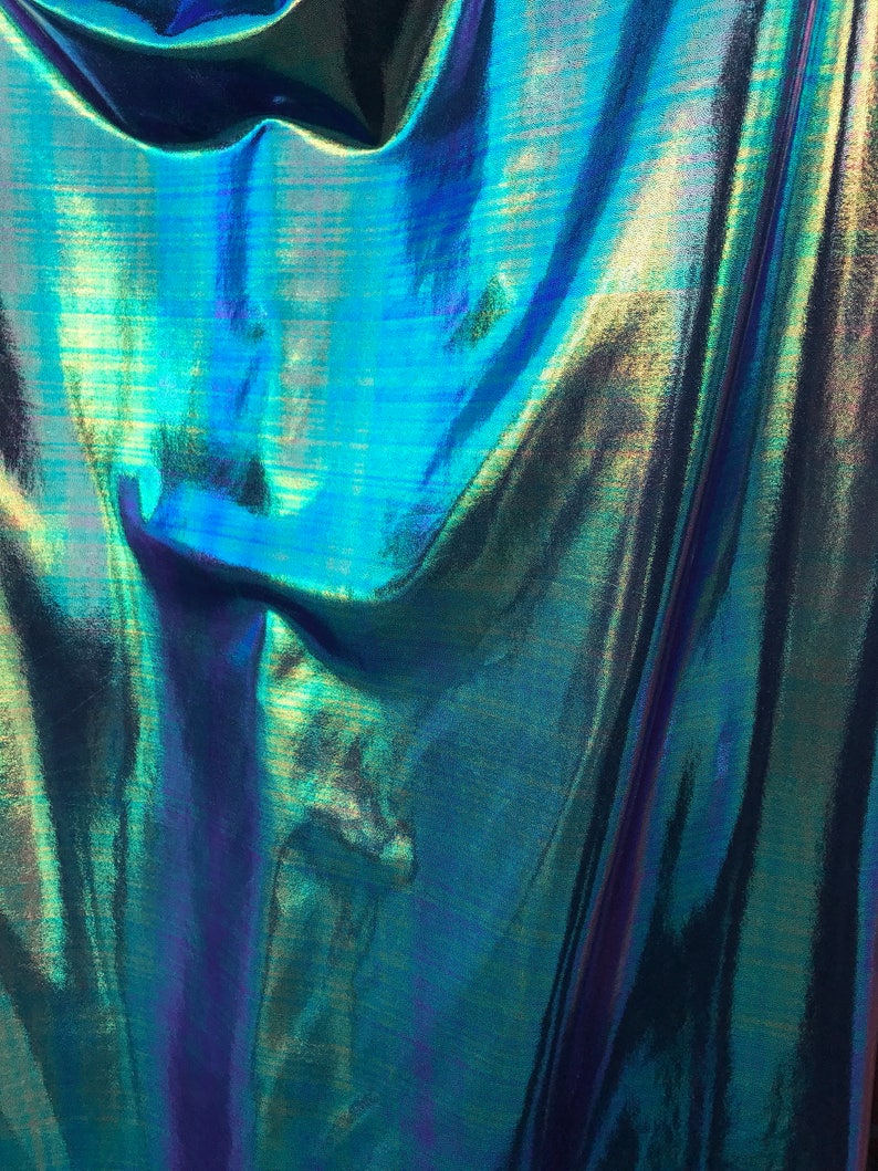 Green Iridescent Foggy Shiny Foil Metalic on Spandex Fabric sold by yard Green Gold Blue Purple Four Tone Iridescent Fabric image 5