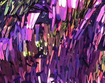 Purple Iridescent Sword Sequins shape Desings Dangling Purple Iridescent on Purple Mesh Fabric By the Yard  -Backdrops, Kimonos