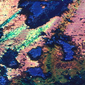 Nuove paillettes ribaltabili bicolore rosa antico iridescente/blu reale da 5 mm/tessuto con paillettes reversibili, vendute tagliate su misura
