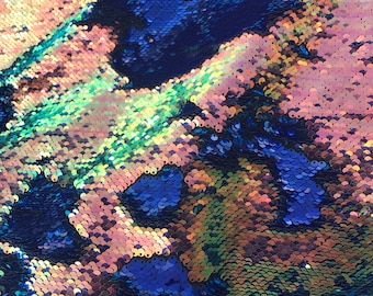 New 5mm Iridescent Dusty Pink Green /Royal Blue Two Tone Flip up sequins/Reversible Sequins Fabric Sold by the yard