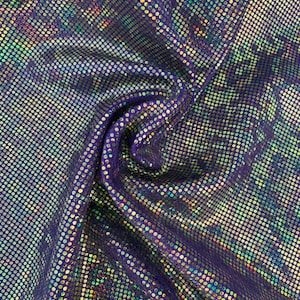 NEW Gold/purple Shattered Glass Hologram on purple Nylon Spandex Fabric Four way Stretch. Sold by yard