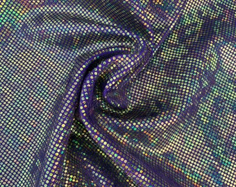Nuevo holograma de cristal roto dorado/morado sobre tela de nailon y elastano morado con elasticidad en cuatro direcciones. Se vende cortado a medida.