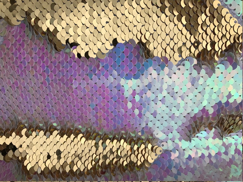 May include: A close-up of iridescent sequins in shades of purple, blue, and gold. The sequins are arranged in a pattern that resembles fish scales.