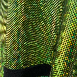NEW Lime Green Shattered Glass Hologram on Black Nylon Spandex Fabric Four way Stretch. Sold by yard