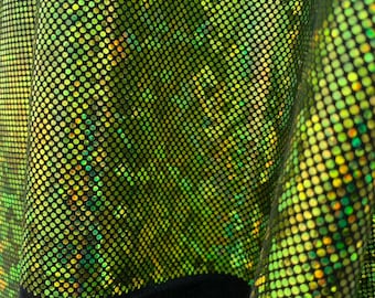 NEW Lime Green Shattered Glass Hologram on Black Nylon Spandex Fabric Four way Stretch. Sold by yard