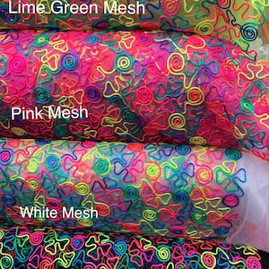Beautiful vibrant 3D Rainbow swirls Ribbon Geometric Design on Mesh Fabric (Black, Pink, Lime & White) Sold by Yard