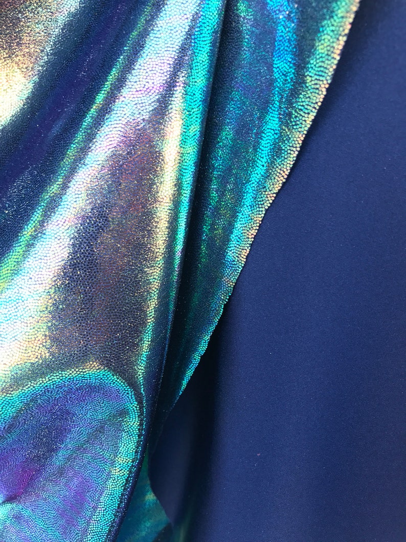 Green Iridescent Foggy Shiny Foil Metalic on Spandex Fabric sold by yard Green Gold Blue Purple Four Tone Iridescent Fabric image 4