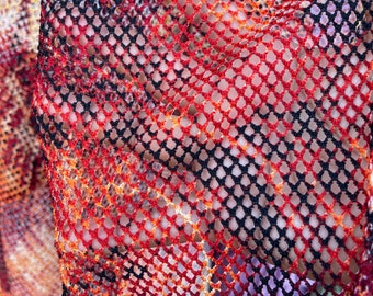 Orange/Red Fishnet tie dye 2 way stretch fabric 60” wide. See through Fishnet-Fabric sold by the yard