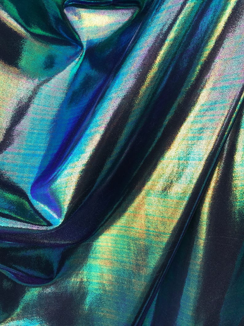 Green Iridescent Foggy Shiny Foil Metalic on Spandex Fabric sold by yard Green Gold Blue Purple Four Tone Iridescent Fabric image 3