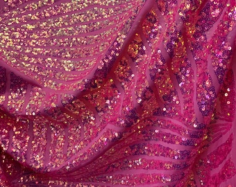 Hot Pink Iridescent High Quality Bombshells Sequins on Hot pink Poly Spandex Base -Fancy Sequins-Fabric Sold by By the Yard [Jennifer Lopez]
