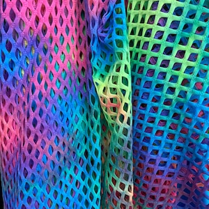 Rainbow Fishnet tie dye 4 way stretch fabric 60” wide. See through Fishnet-Fabric sold by the yard