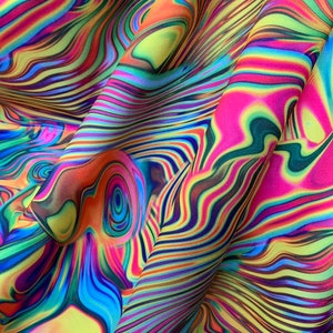 Nuova stampa astratta al neon su tessuto di nylon spandex elasticizzato in 4 direzioni. Tessuto venduto tagliato su misura