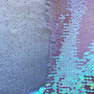 May include: A close-up of iridescent blue and pink sequins on a fabric. The sequins are arranged in a pattern that resembles fish scales.