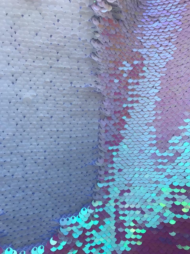 May include: A close-up of iridescent blue and pink sequins on a fabric. The sequins are arranged in a pattern that resembles fish scales.
