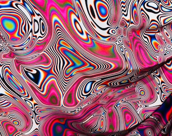 May include: Abstract psychedelic pattern with swirling lines and circles in shades of pink, blue, green, yellow, and black.