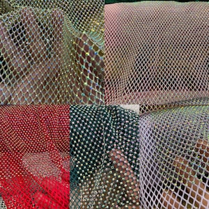 Iridescent Rhinestone fishnet lace 4 way stretch 60” wide fabric sold by yard