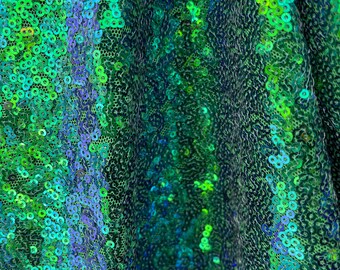 New  Green Blue Peacock Iridescent- 2mm Mini Sequins on High Quality Stretch Green Mesh Base -Fabric Sold By the Yard